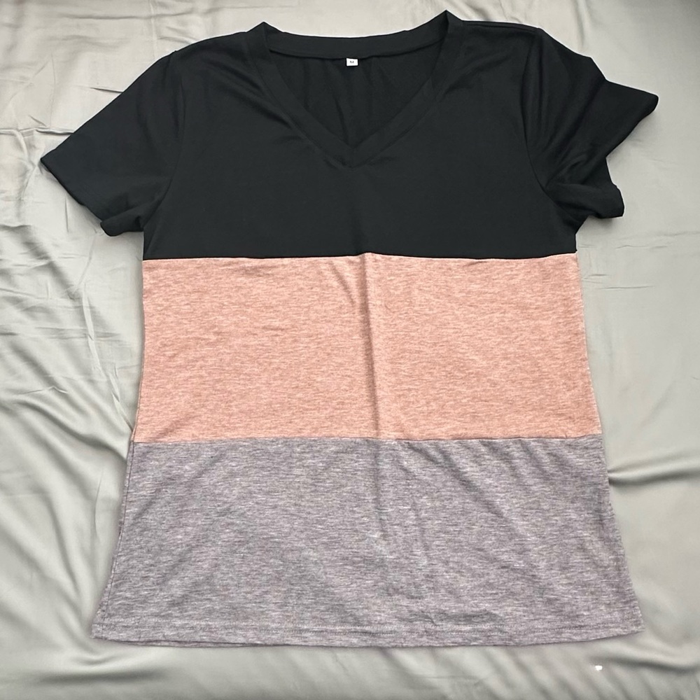 Stylish V-Neck Women's Color Block Tee